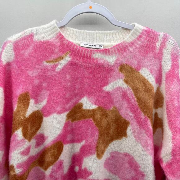 Staccato Hidden Treasure Pink Cream Tan Multicolor Bright Artsy Print Sweater - Picture 3 of 5